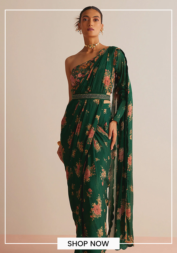 Kalista bottle green pre-draped saree