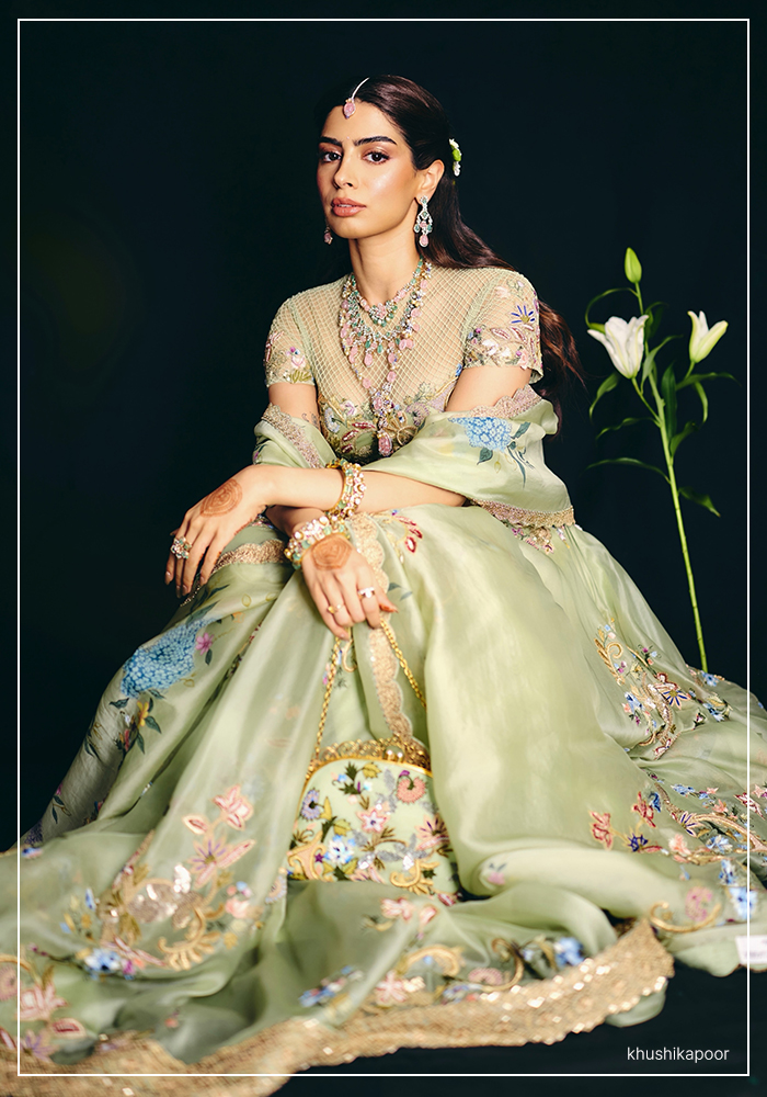 Khushi Kapoor wearing sage green Anamika Khanna lehenga