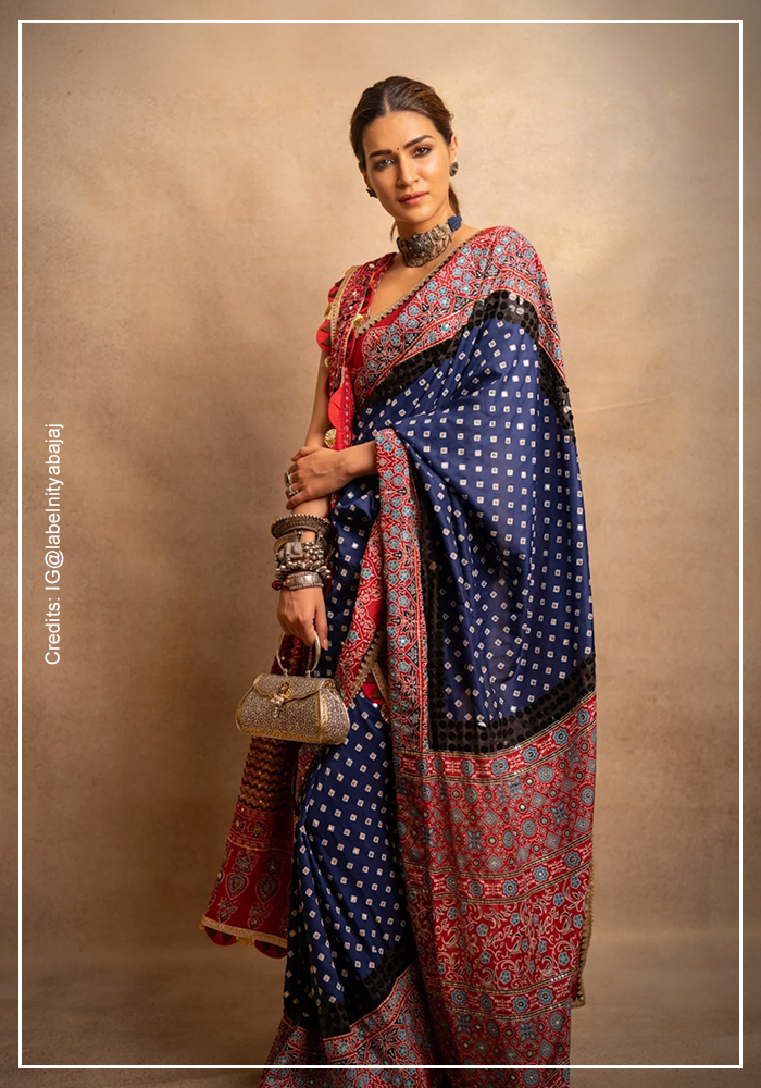 Kriti Sanon in blue and red ajrakh sare