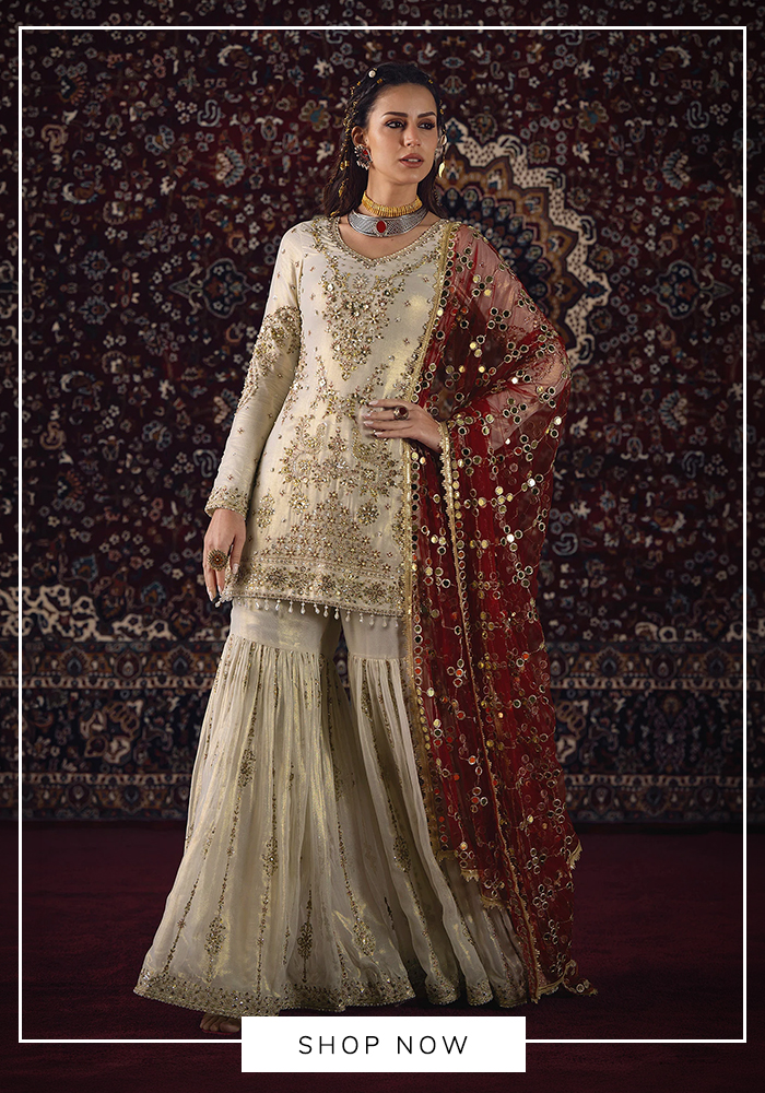 Lashkaraa zari work silver kurta sharara set