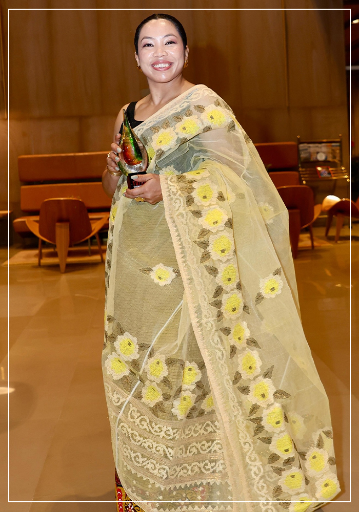 Mirabai Chanu yellow organza saree