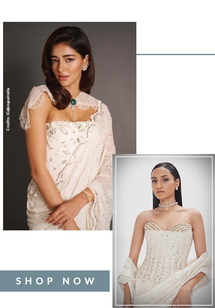 Mouni Roy in Manish Malhotra ivory saree and vintage corset