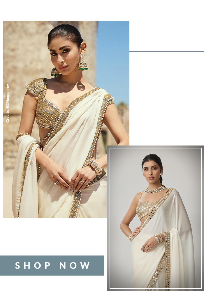 Mouni Roy in white saree and gold zari embellished blouse