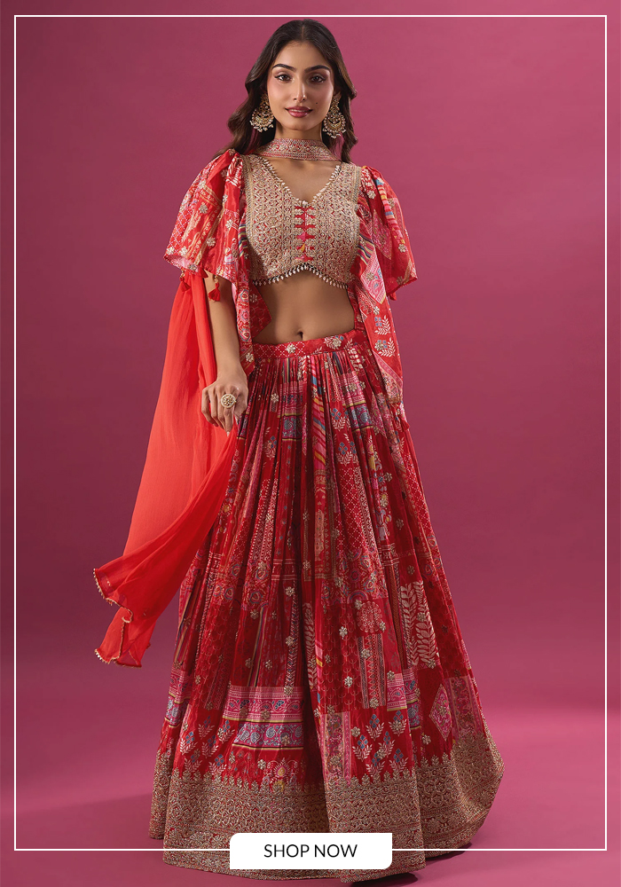Multi-print red lehenga set for mehendi