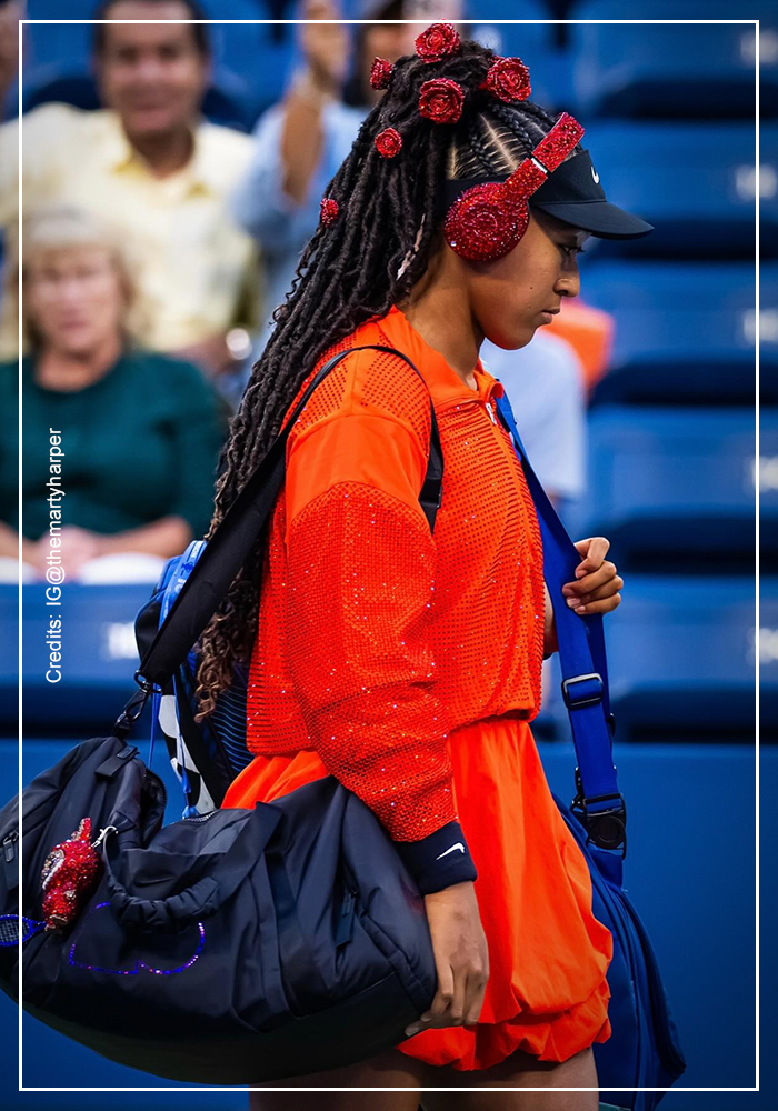 Naomi Osaka in red custom mini dress and jacket