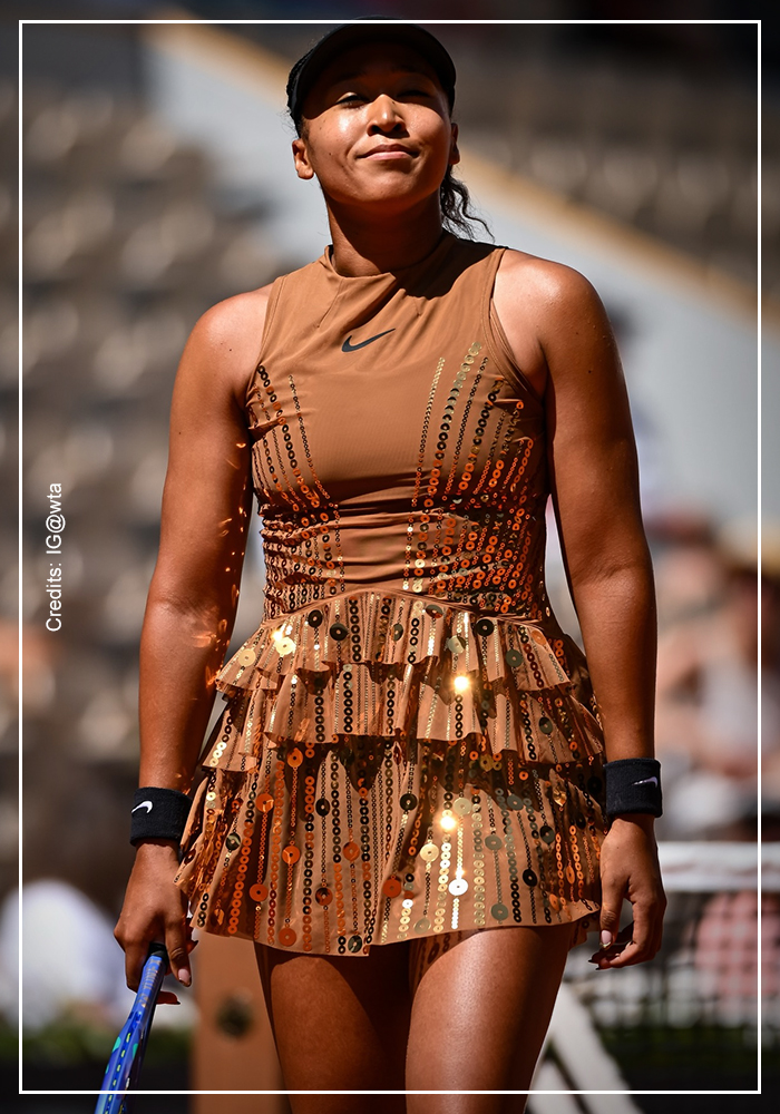 Naomi Osaka in sheer sequin peplum bomber and skirt