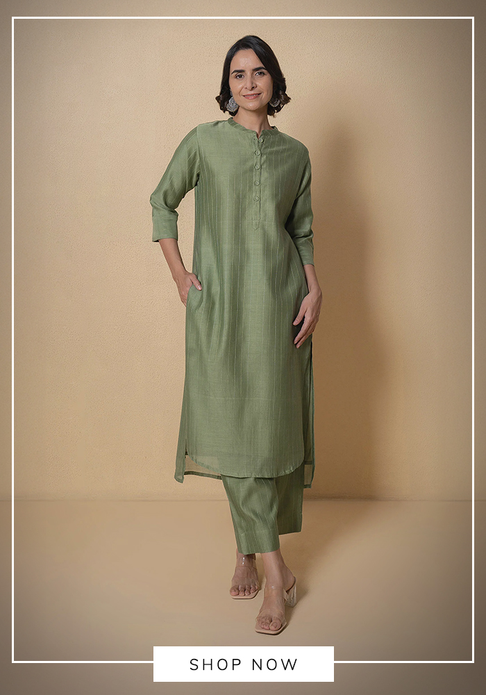 Olive green chanderi kurta and pant set