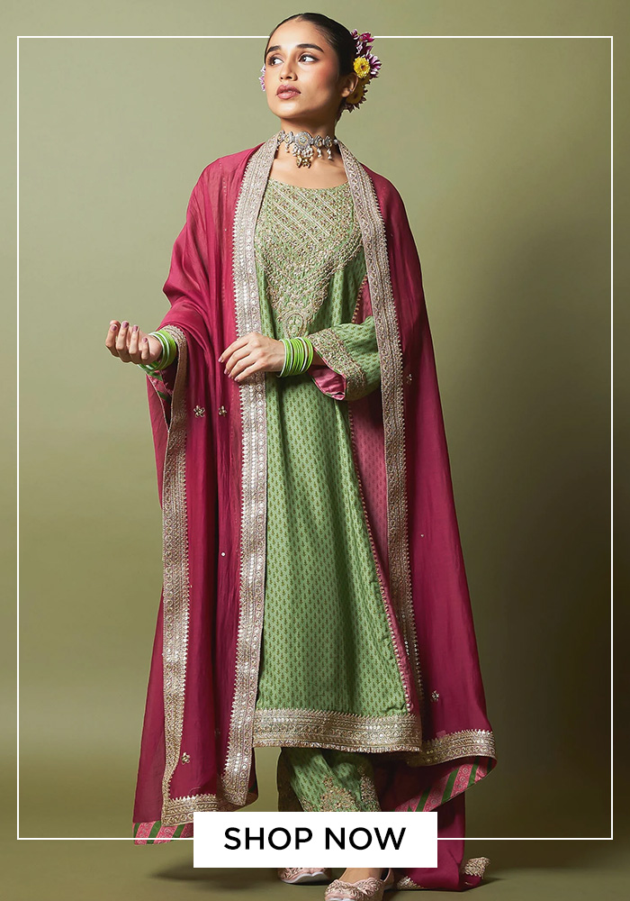 Pants and Pajamas kurta set green with contrasting dupatta