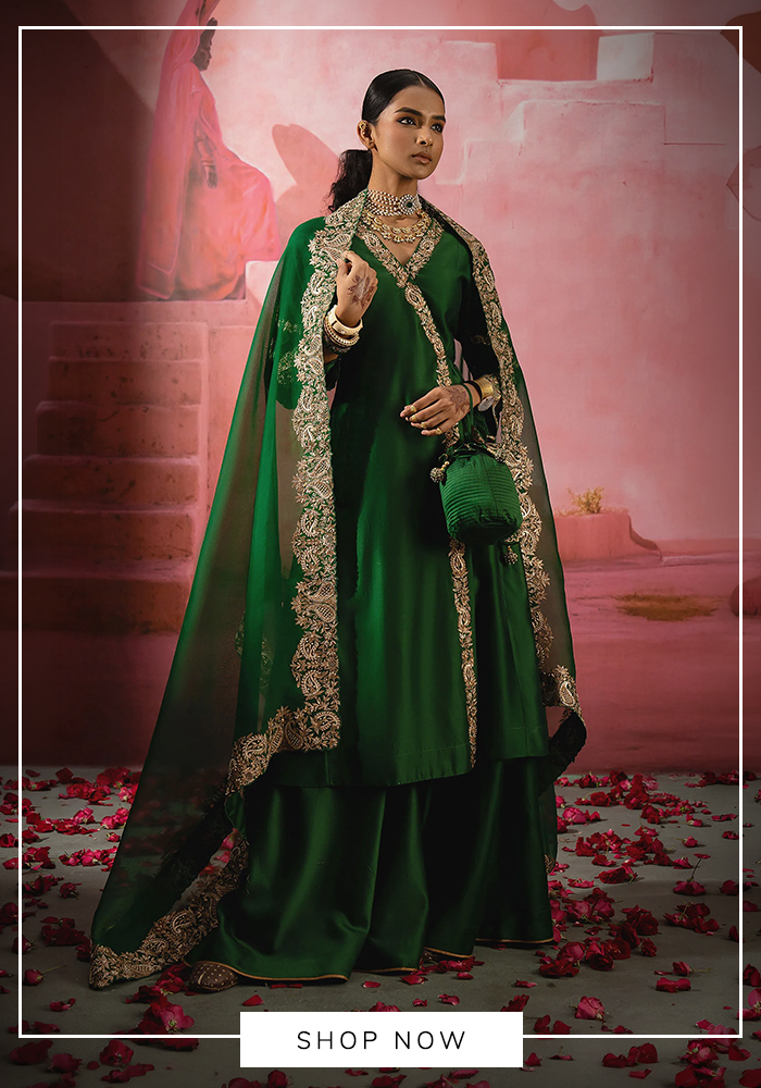 Pink City by Sarika green embroidered angarkha anarkali