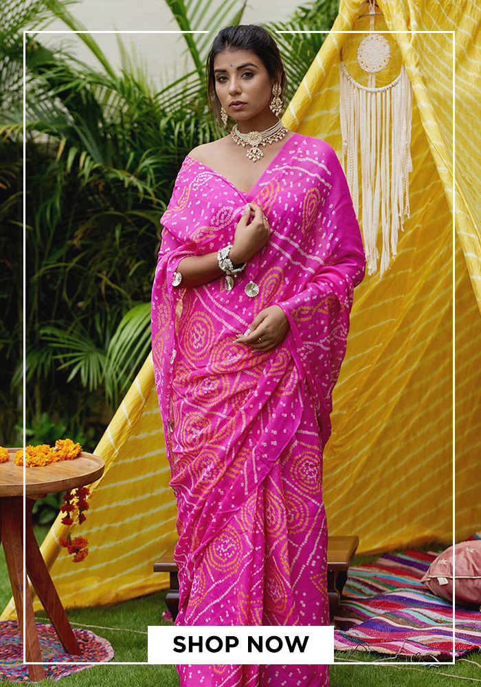 Pink bandhani motif saree