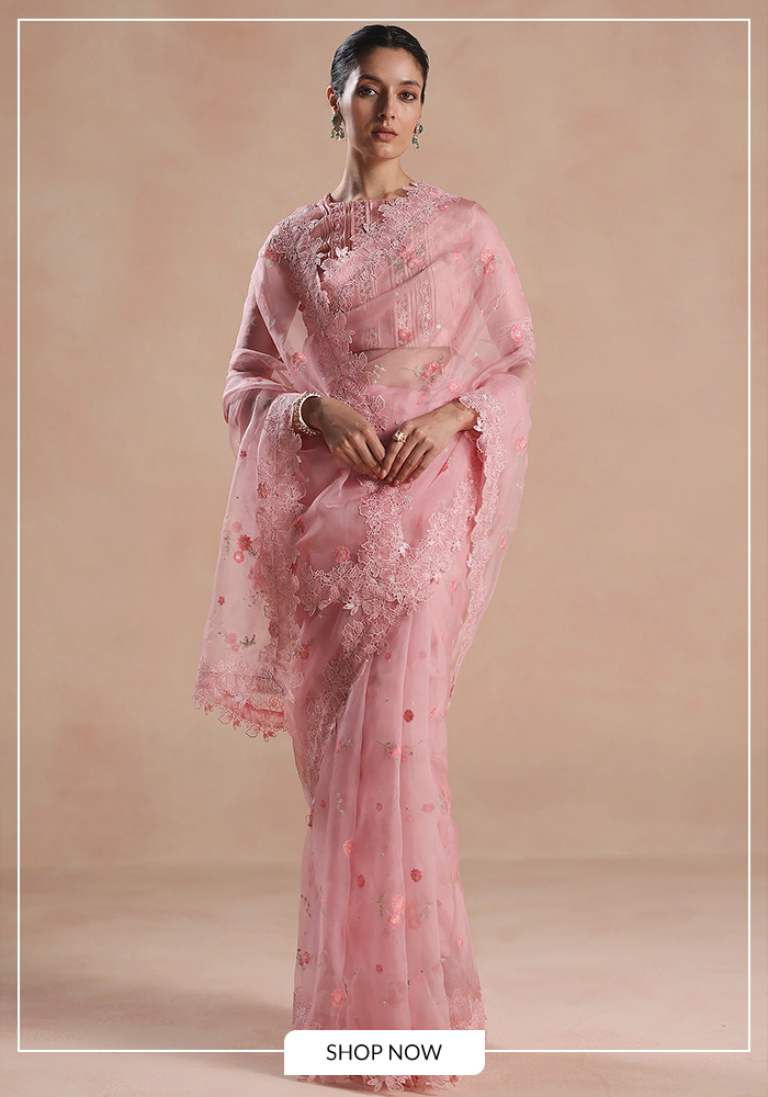 Pink embroidered organza saree