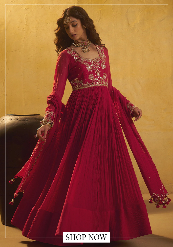 Pleated hand work red anarkali