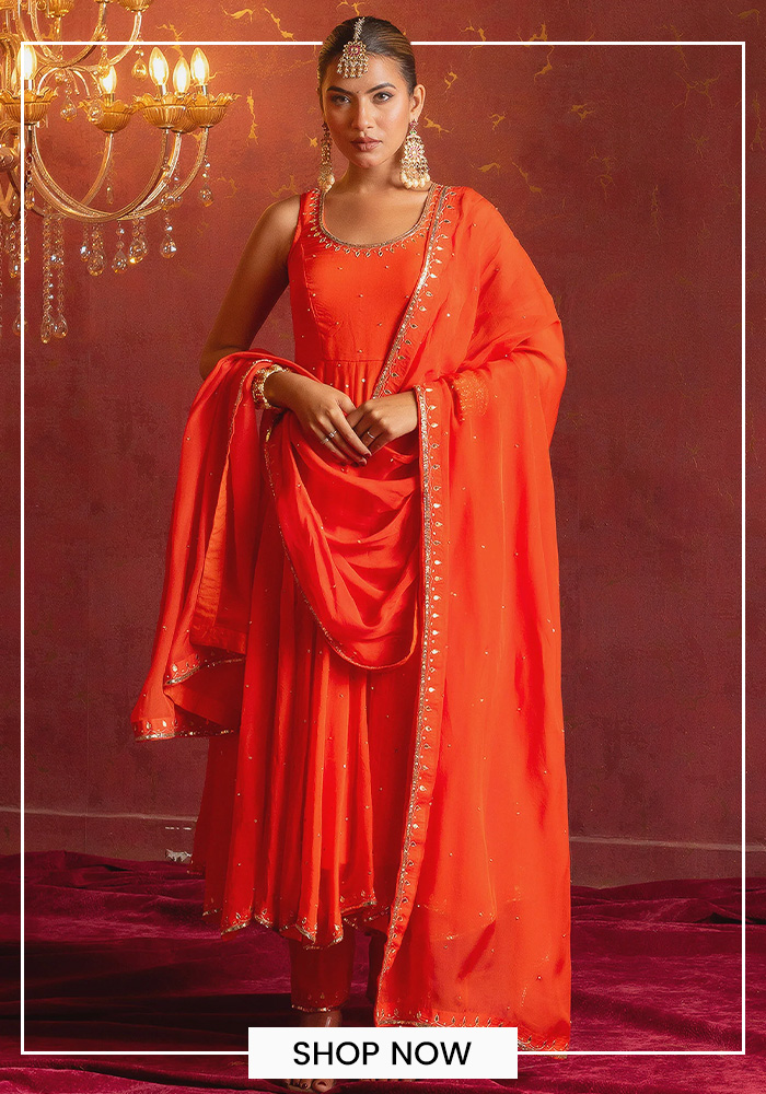 Pomcha Jaipur tangerine organza anarkali set