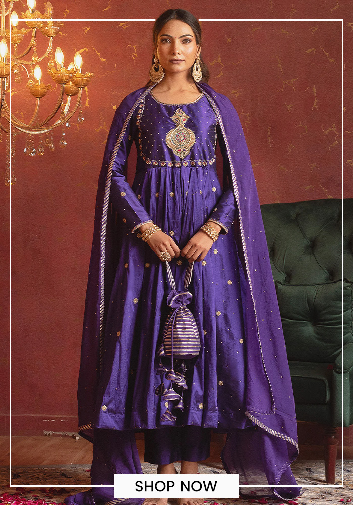 Pomcha Jaipur violet zardozi embroidered anarkali set