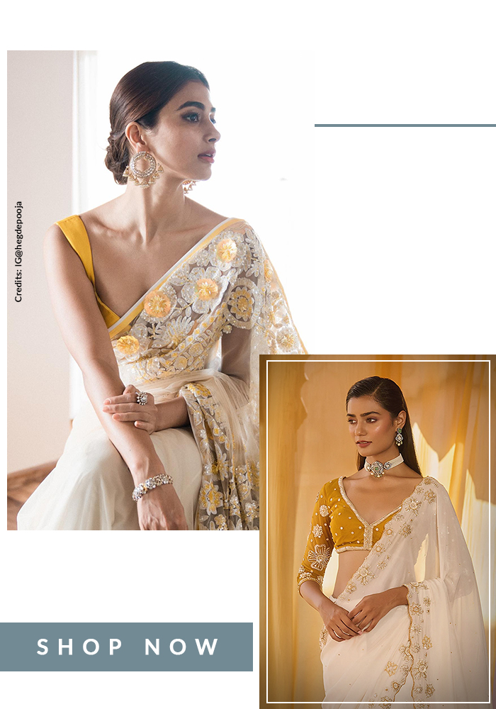 Pooja Hegde in white saree and yellow blouse