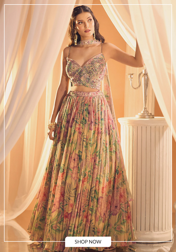 Print pleated tissue lehenga set for sangeet