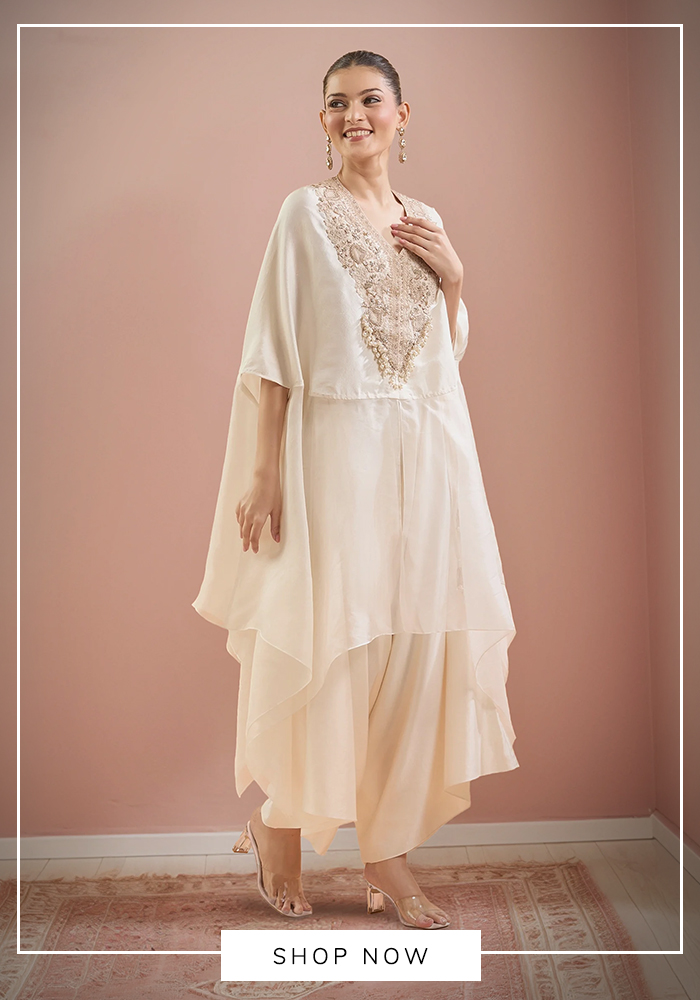 Prisho floral embroidered white kaftan and draped pant set