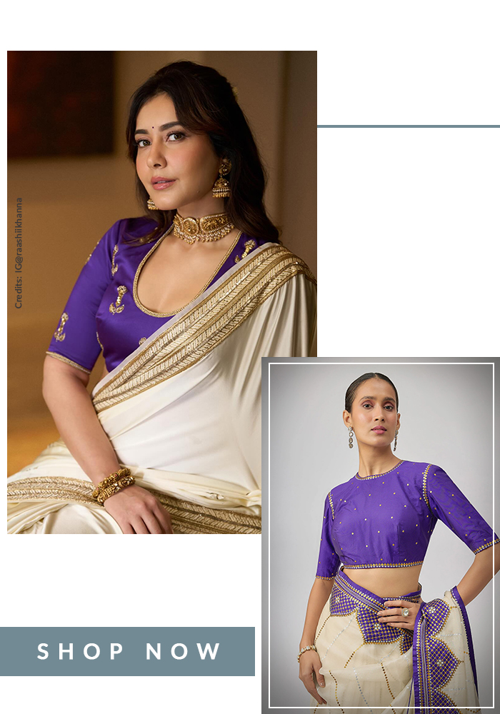 Rashi Khanna in purple blouse and ivory saree