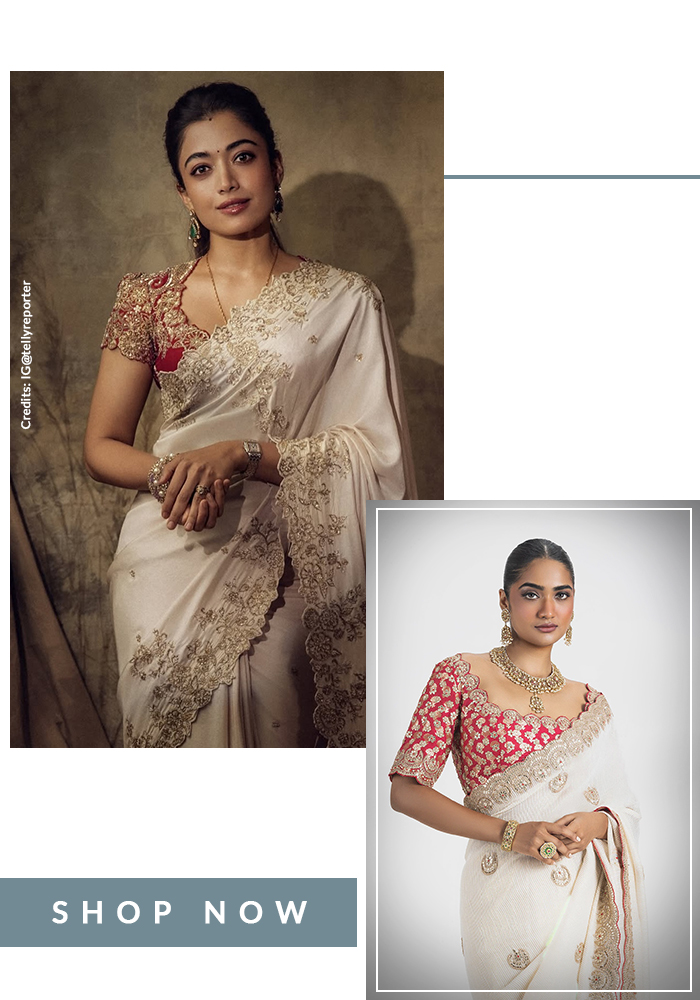 Rashmika Mandanna in red embroidered blouse and ivory saree