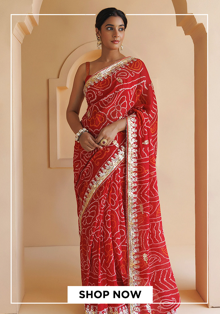 Red bandhani gota patti saree set