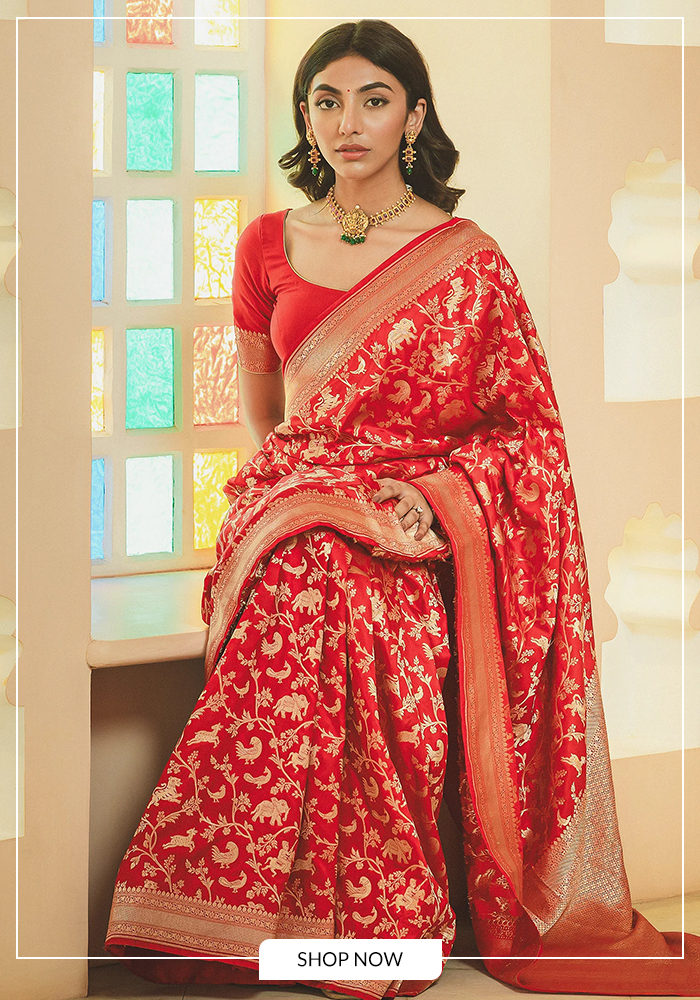 Red katan silk banarasi saree