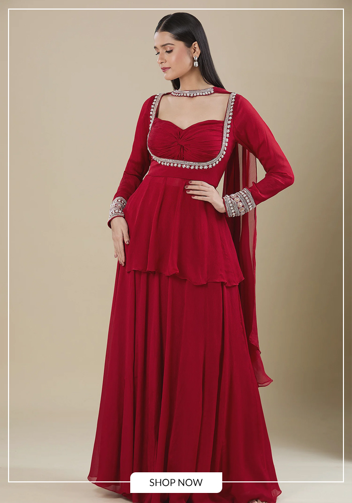 Red moti embroidered kurta set for sangeet