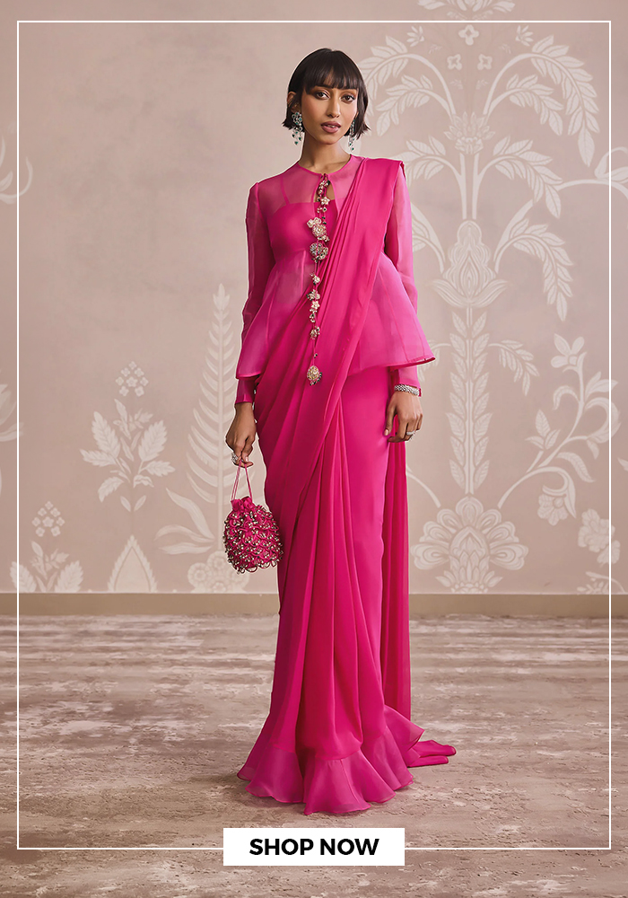 Ridhi Mehra organza pink peplum top and pre-draped saree set