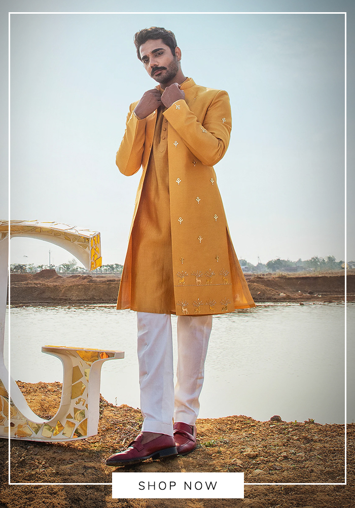 Runit Gupta chanderi silk kurta sherwani set