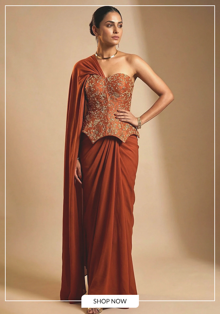 Rust contemporary saree with corset blouse
