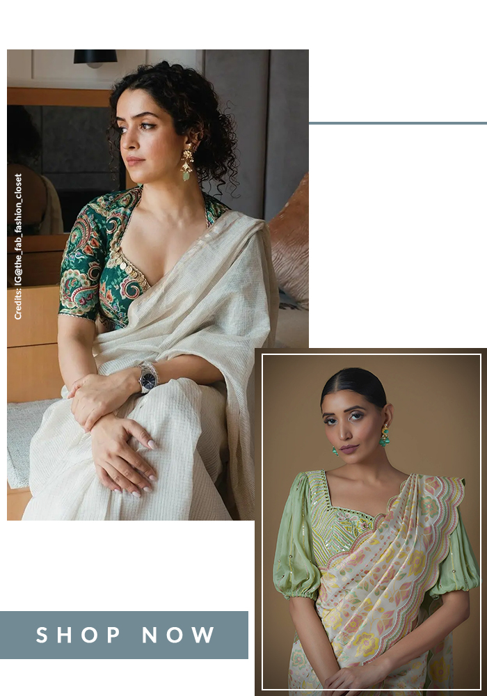 Sanya Malhotra in bright green blouse and ivory saree