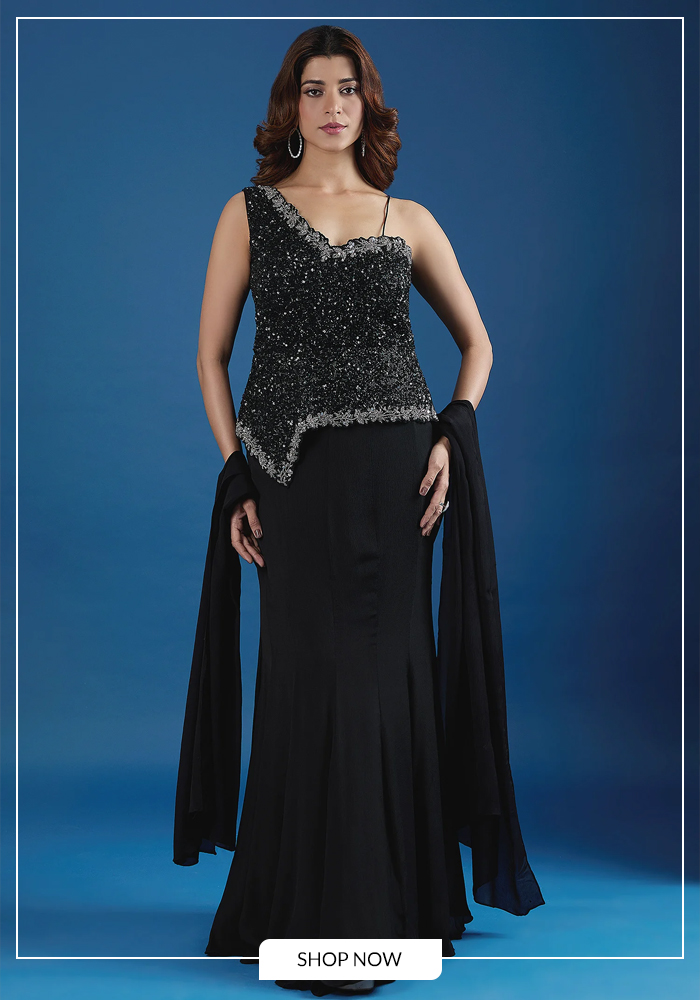 Sequin embroidered blouse and skirt set for cocktail