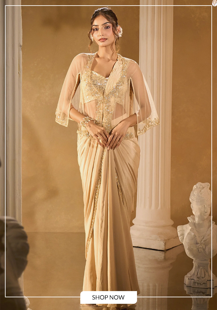 Sequin pre-draped saree for reception