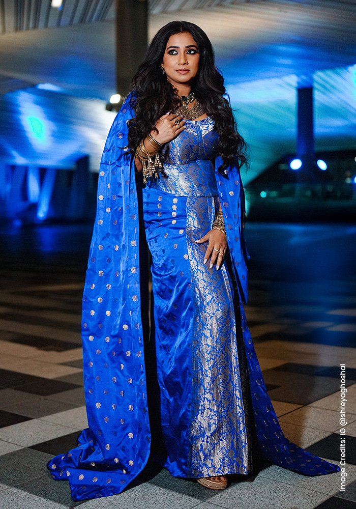 Shreya Ghosal in royal blue Ekaya Banaras saree