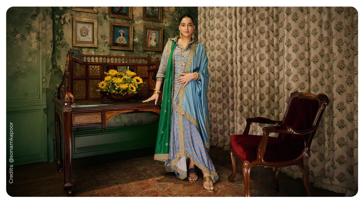 Sonam Kapoor in Punit Balana noor bagh print shirt and lungi set for Anshula Kapoor wedding, ideal for rakhi
