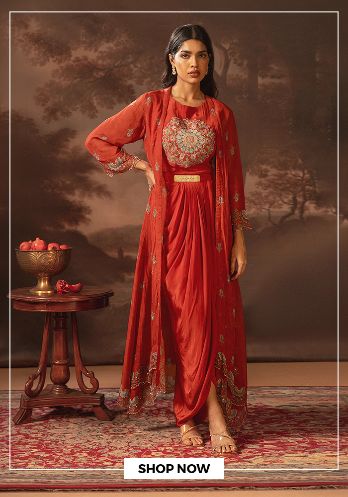 Soup by Sougat Paul embroidered red draped dress with jacket