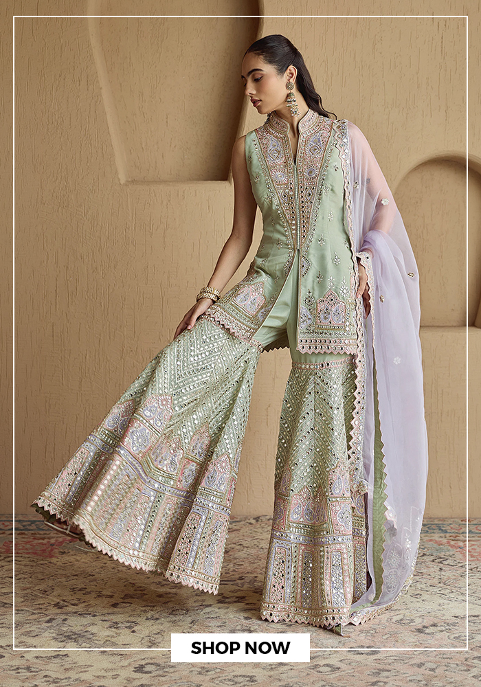 Suhino mint green tissue kurta gharara set