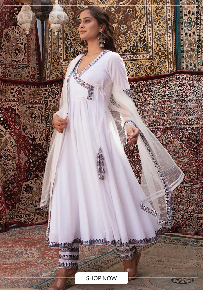 White Pomcha Jaipur anarkali set