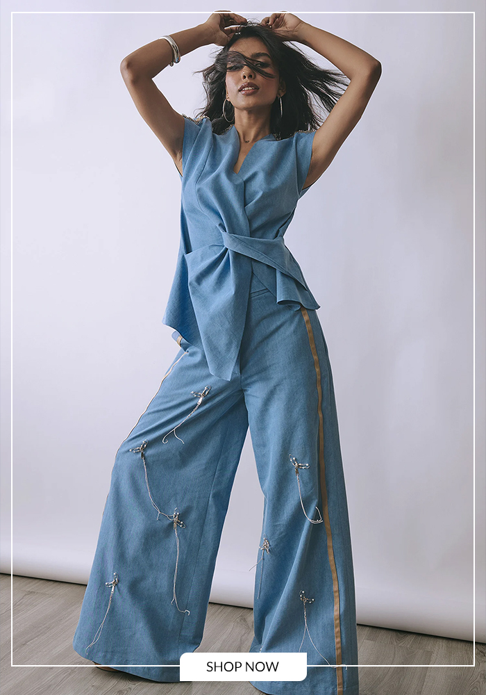 Wrap top and denim pant for beach movie night
