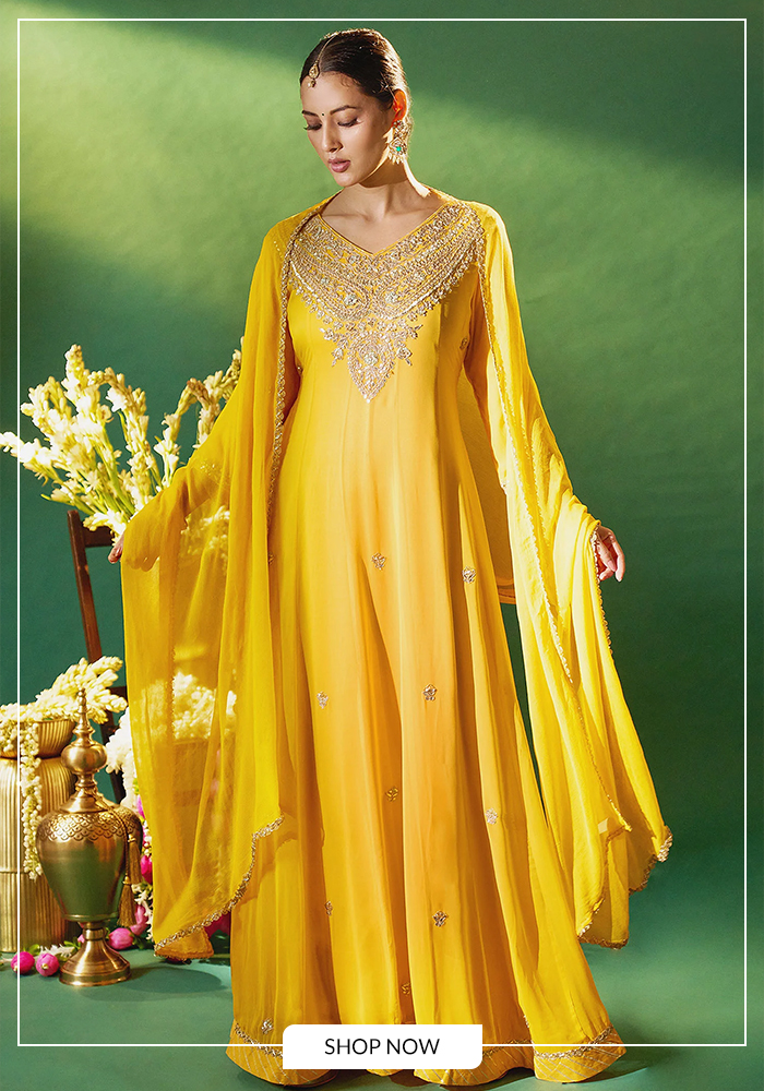Yellow embelllished georgette anarkali set for haldi