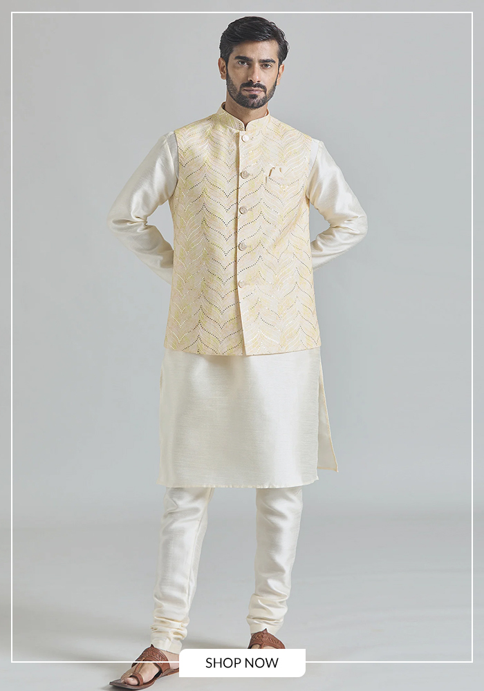 Yellow sequinned Nehru jacket and kurta set