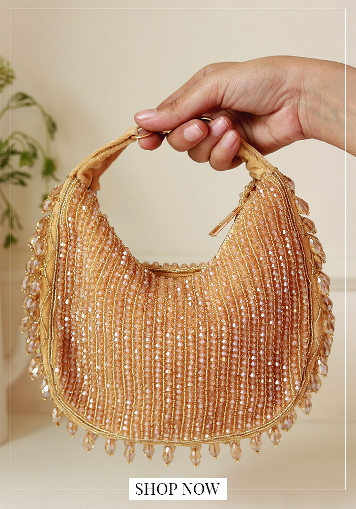 Champagne crystal embellished batua bag with handcrafted beadwork