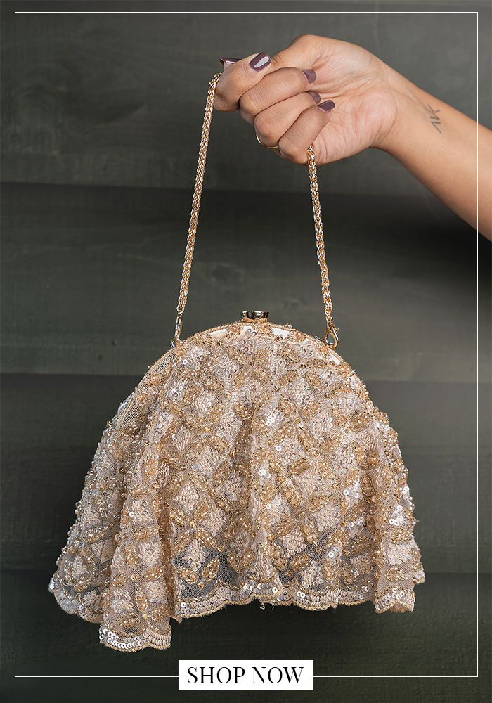 Ivory sequin embroidered batua bag with chain handle for ethnic occasions