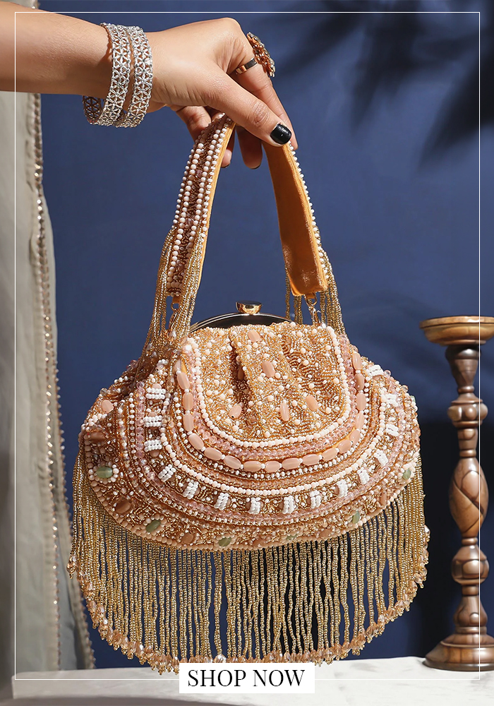 Peach embroidered batua bag with beadwork and fringe detailing