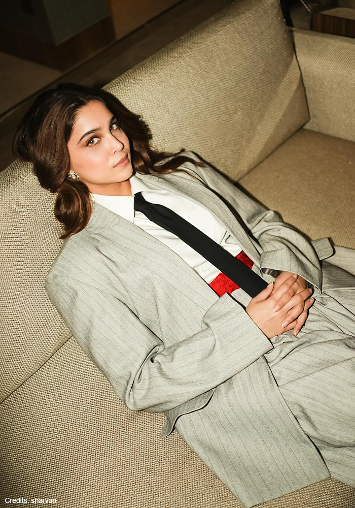 5. Pinstriped Contrast Drama