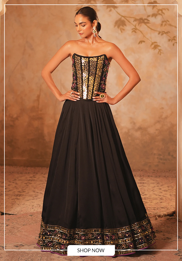 Black and gold corset lehenga set