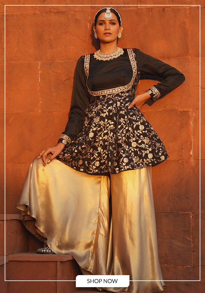 Black and gold peplum kurta and sharara set