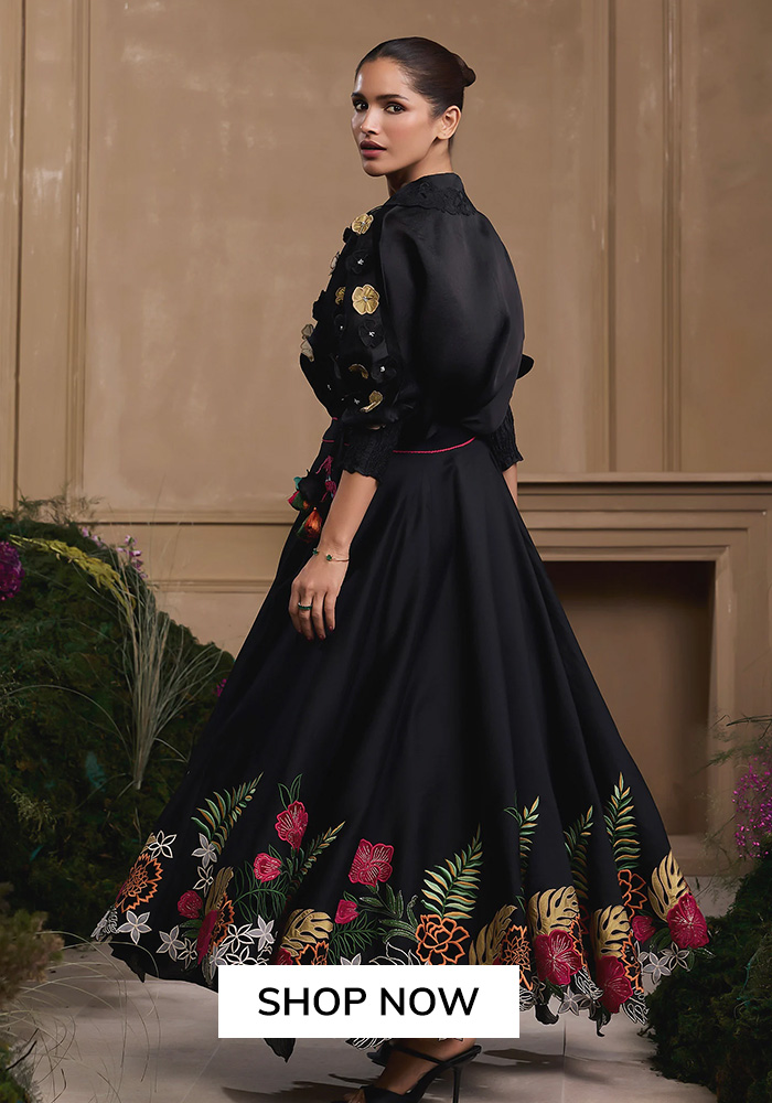 Black floral embroidered flared skirt