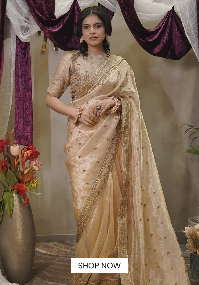 Brocade and tissue embroidered gold silk saree