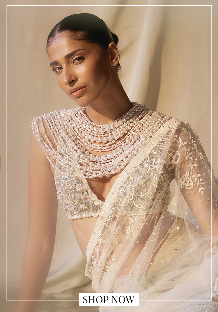 Netted diamond and pearl embellished blouse
