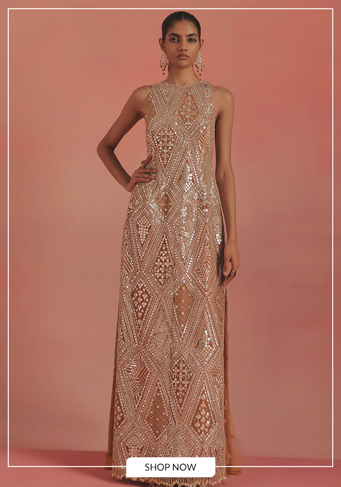 Embroidered side slit gold long dress